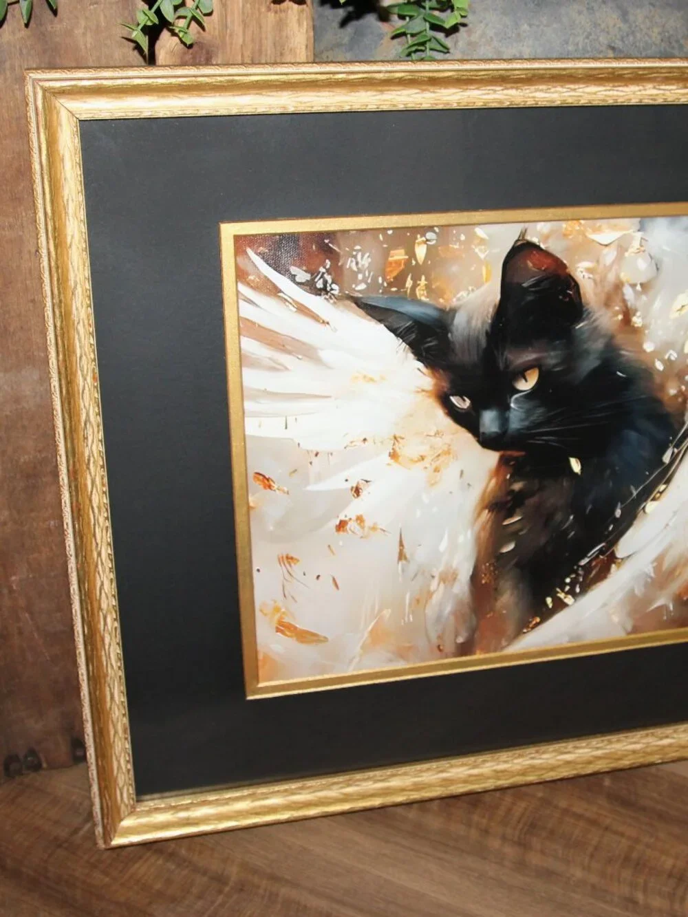 Large Dark Moody Gothic Victorian Black Cat w/Wings Wall Art in VTG Gold Frame